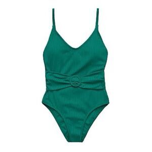 Freshwater Swim Green Ribbed Belted One Piece w/O-Ring & V-Neck (Size: XS)